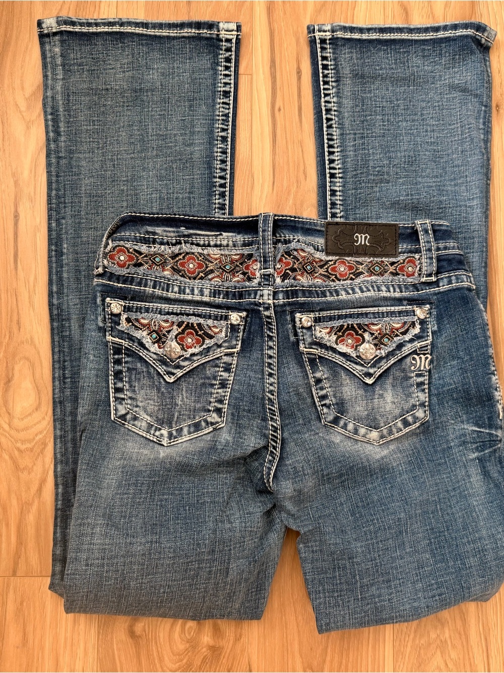 Miss Me Blue Bootcut Jeans with Floral Embroidered Pockets and Waistband